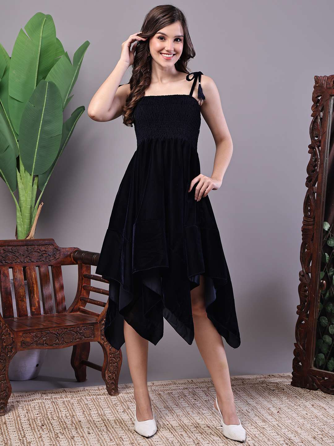Women's Junglee Black Velvet Party Midi Dress with Asymmetrical Hemline Midi Dresses - Image 3