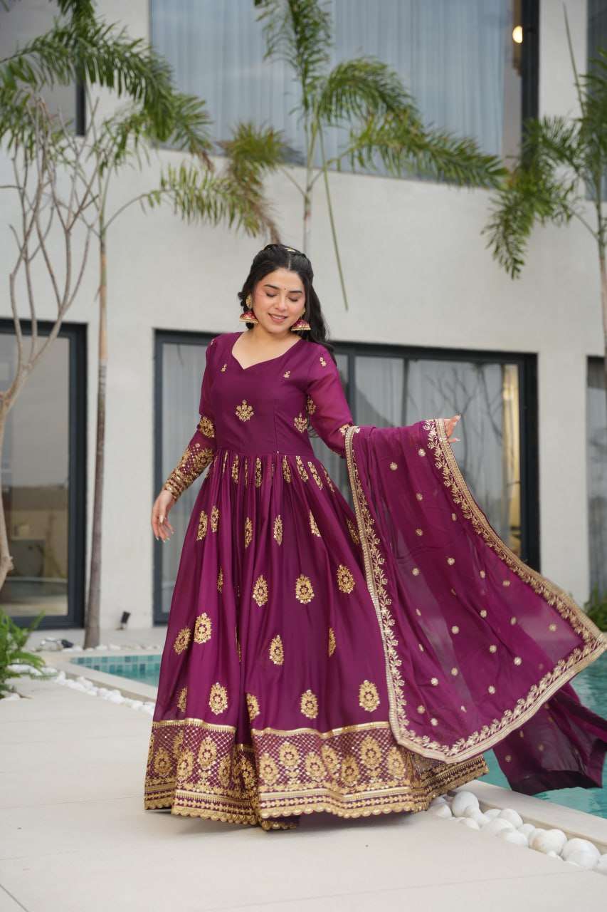 Women’s Ethnic Anarkali Style Floor-Length Gown in Magenta with Golden Zari Embroidery – Festive & Wedding Wear - Image 6