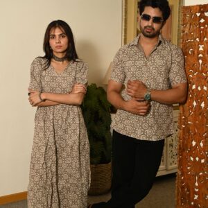 Couple Matching Beige Cotton Anarkali Midi Dress and Shirt Set ? Swirl Block Print