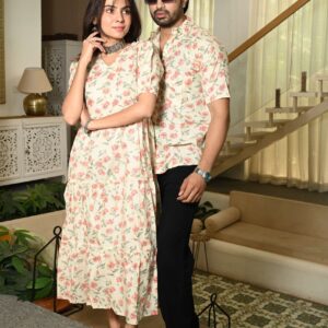 Couple Matching Cream floral Cotton Printed Anarkali Midi Dress & Shirt Set ? Casual & Festive Wear