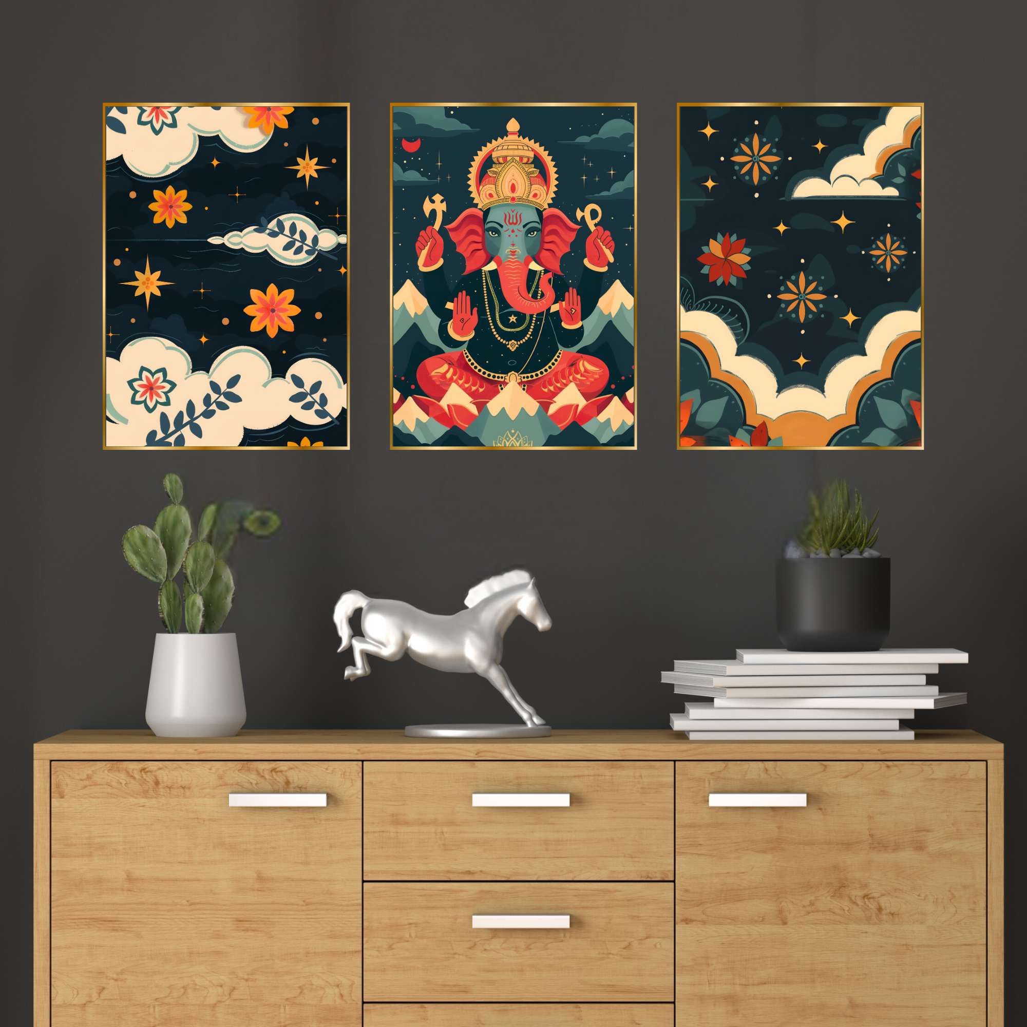 Set of Three Wall Paintings for Wall Dacoration Golden Framed Wall Paintings for Living Room & Bedroom Wall Art for Home Decoration & Office Wall Décor (18x12 inch CH-GD3-6)