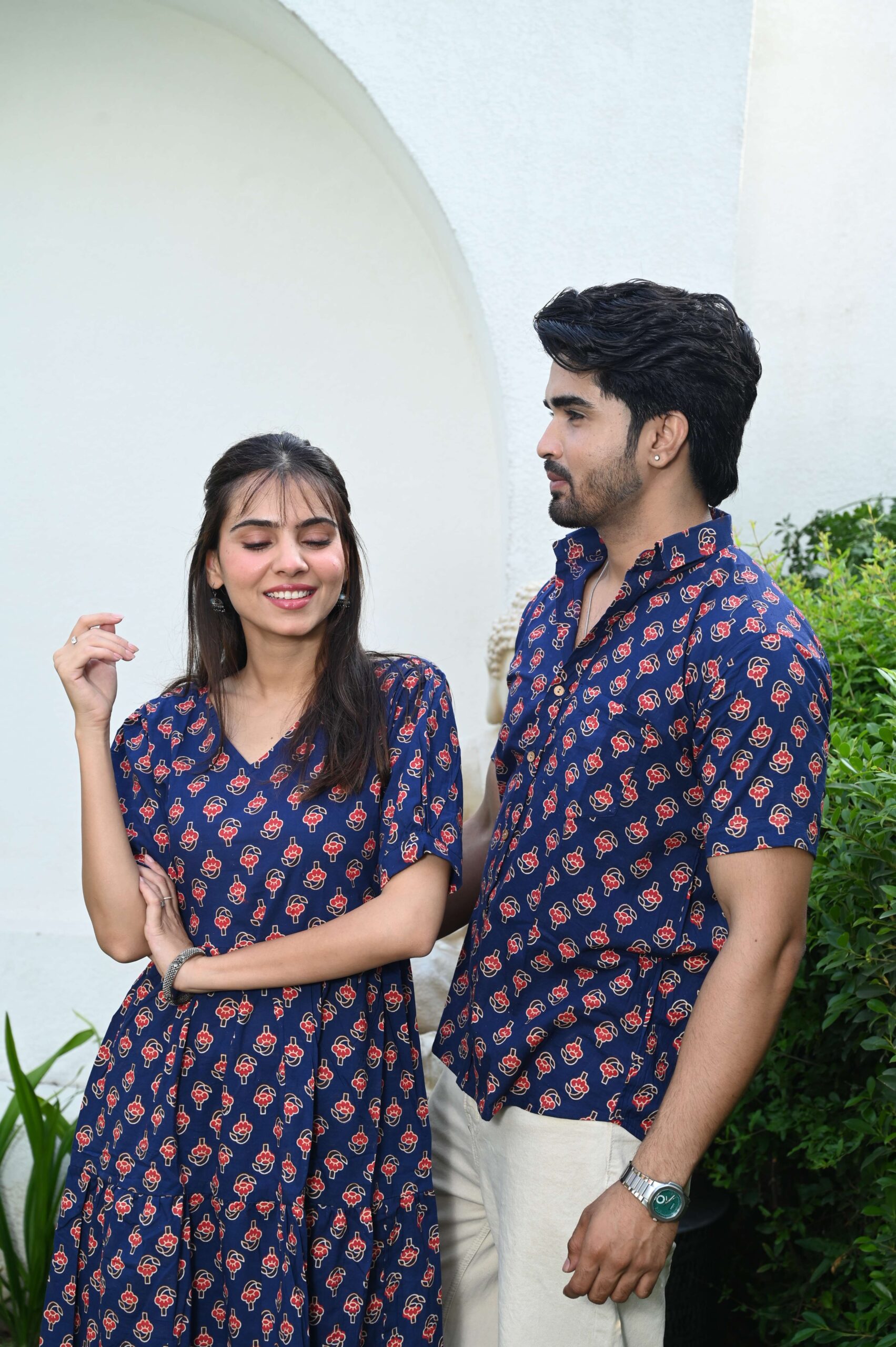 Couple Matching Navy Blue Cotton Printed Anarkali Midi Dress & Shirt Set ? Casual & Festive Wear - Image 4