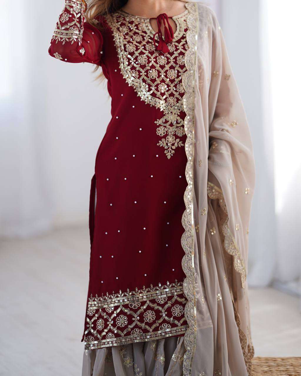 Women's Faux Georgette Sequins Embroidered Straight Kurta With Sharara Suit and Dupatta Set - Image 3