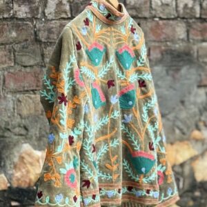 Womens Olive Green Velvet Embroidered Jacket with Floral Design