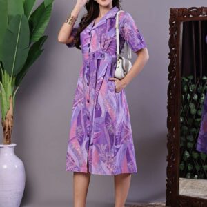 Women's Purple Abstract Print Cotton Shirt Dress