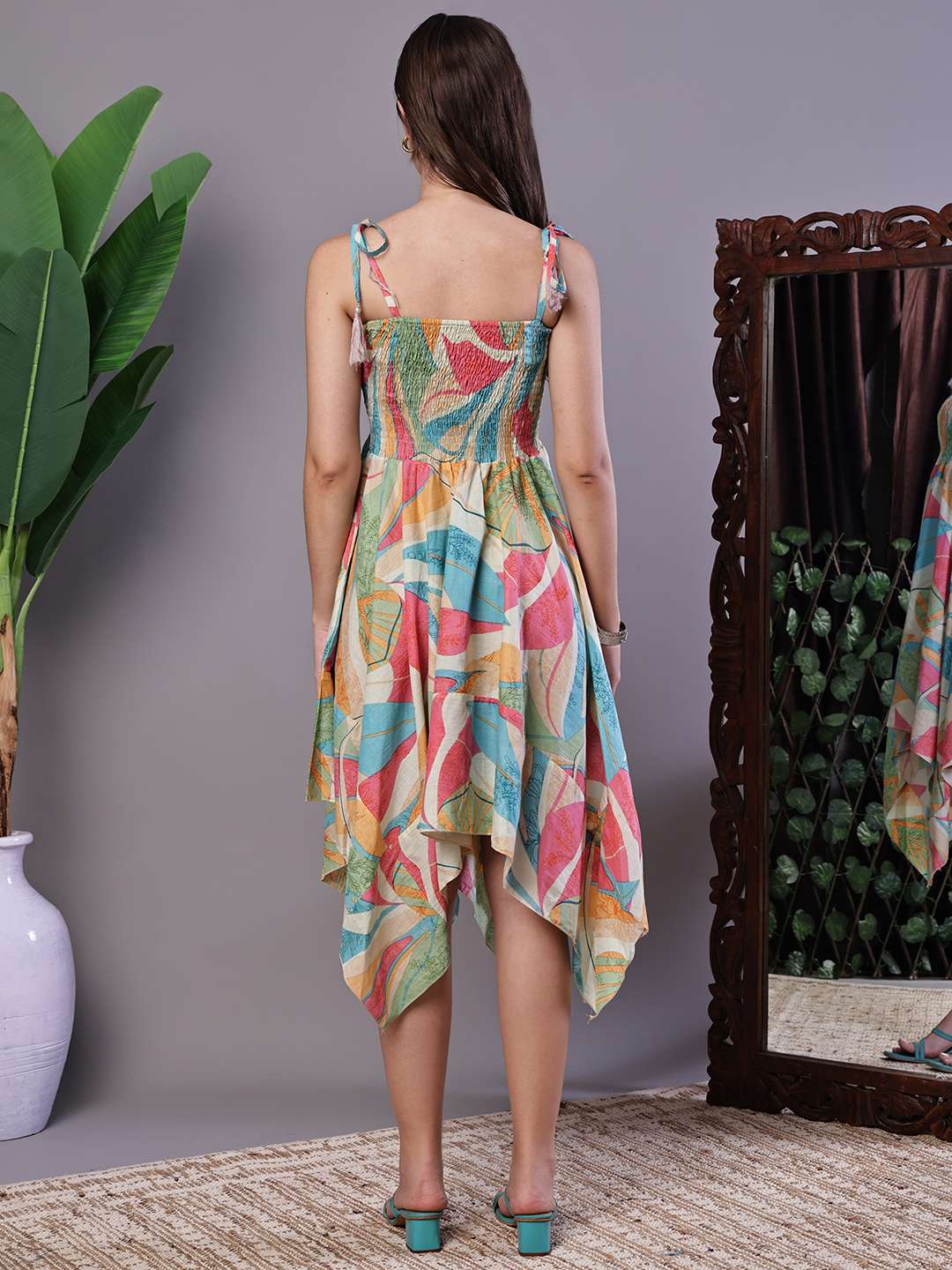 Women's Multicolor Printed Cotton Handkerchief Hem Dress Midi Dresses - Image 2