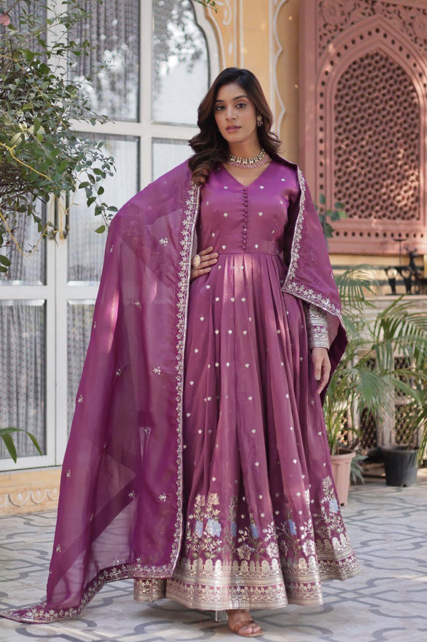 Women's Festive Rust Red Anarkali Gown with Intricate Silver Zari & Sequin Embroidery – Complete with Embroidered Dupatta - Image 7