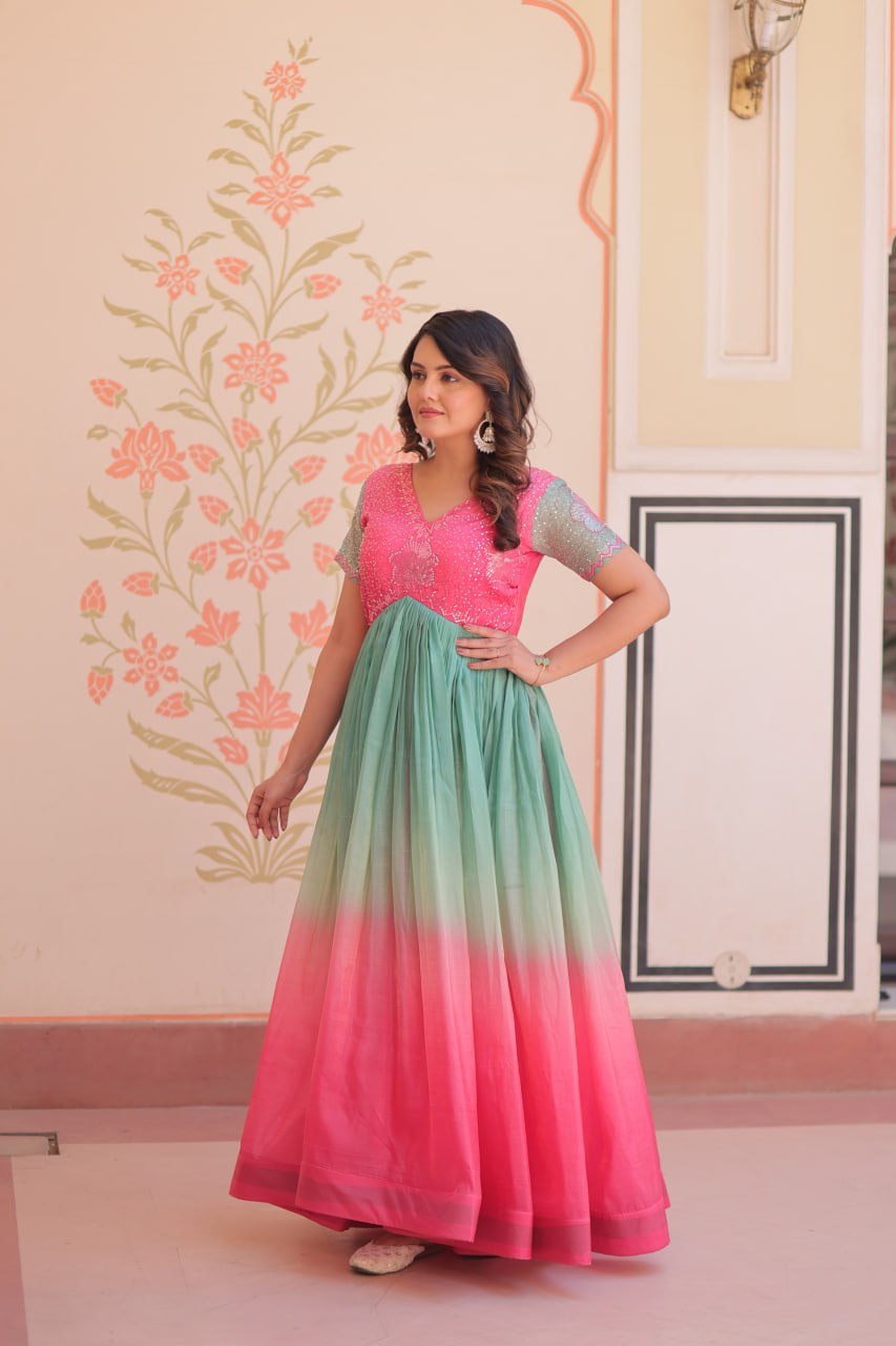 Women's Dual-Tone Ombre Gown in Candy Pink & Aqua Green with Embroidered Bodice – Festive & Contemporary Wear - Image 3