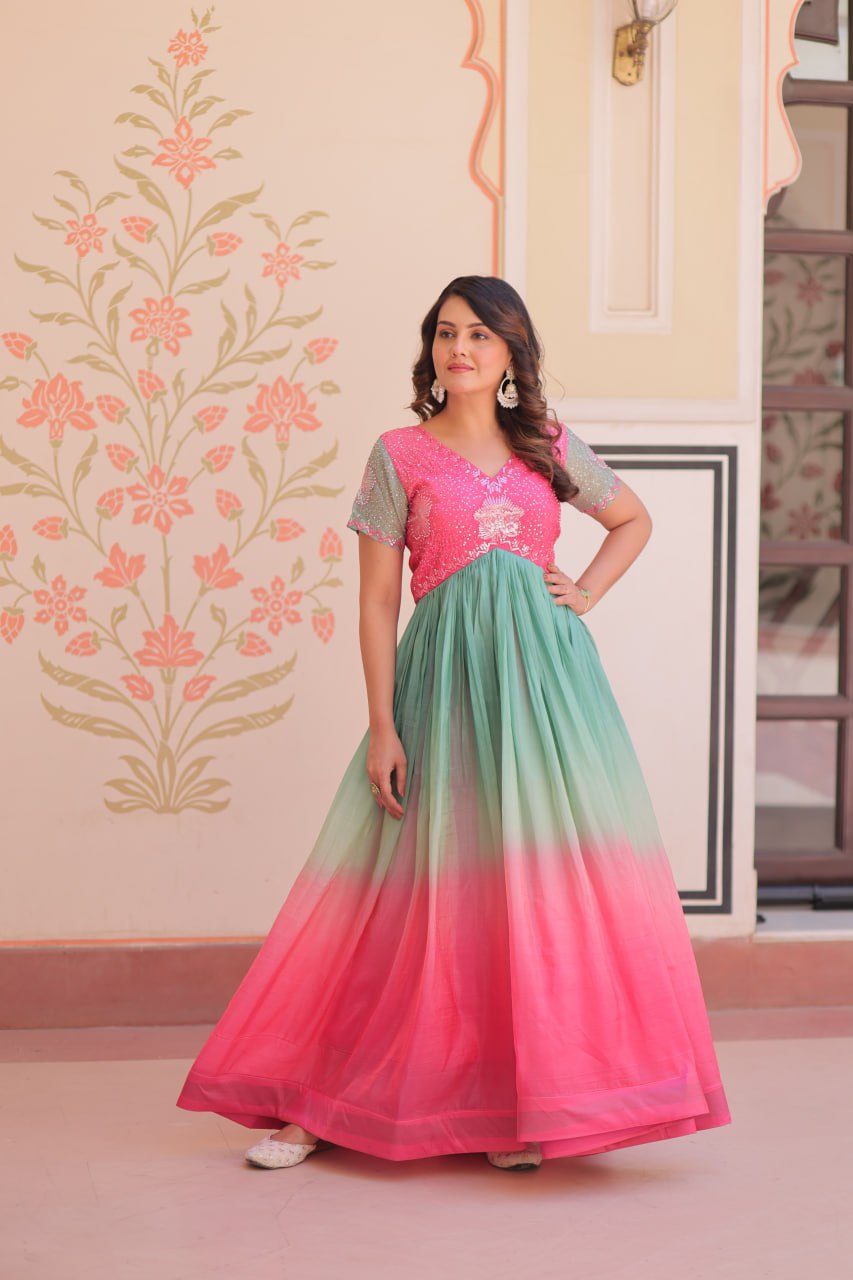 Women's Dual-Tone Ombre Gown in Candy Pink & Aqua Green with Embroidered Bodice – Festive & Contemporary Wear - Image 4
