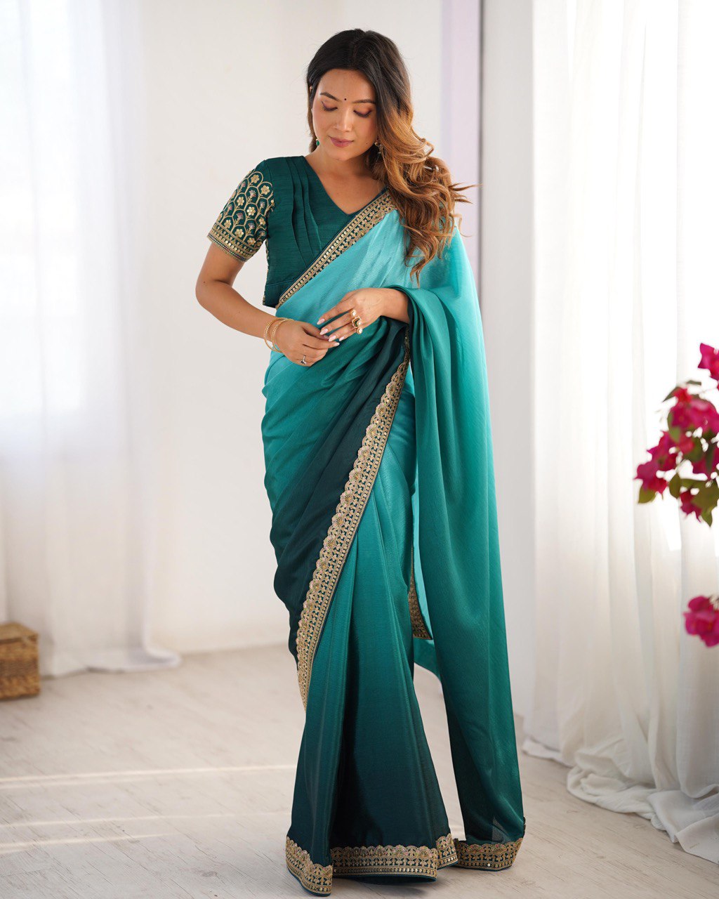 Women's Elegant Ombre Green Georgette Saree with Intricate Golden Zari & Stone Embellishments – Complete with Heavily Worked Blouse for Festive & Wedding Wear