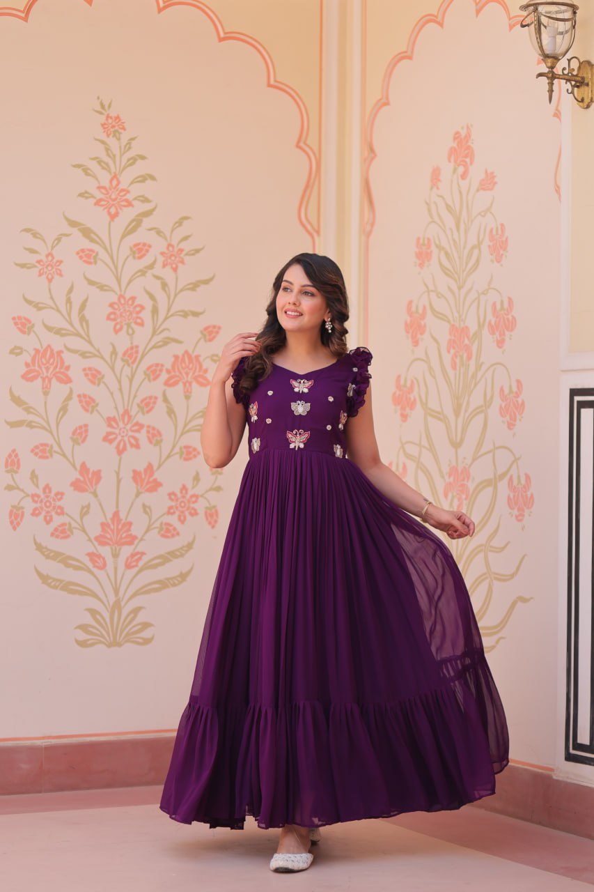 Women's Elegant Plum Purple Georgette Anarkali Gown with Butterfly Applique & Ruffle Sleeves – Festive & Special Occasion Wear - Image 18