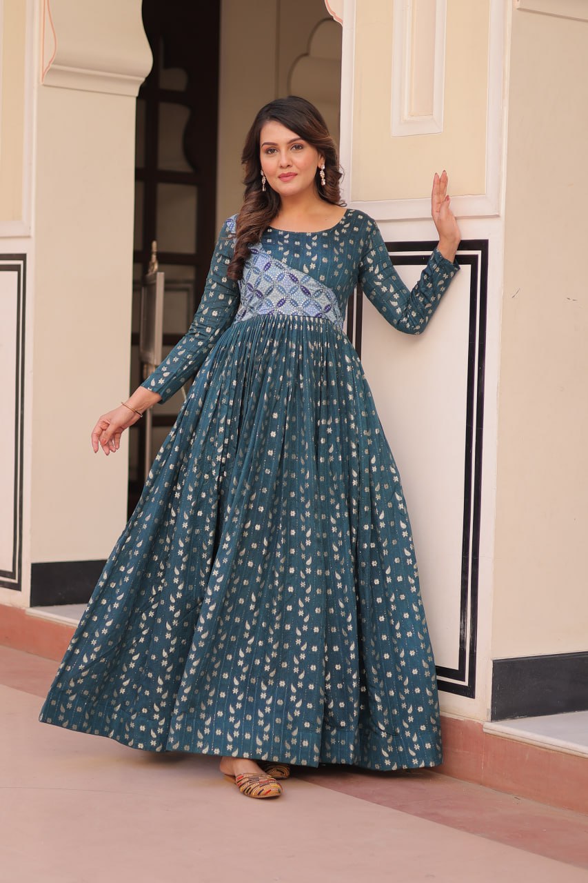 Women's Festive Berry Purple Printed Anarkali Gown with Intricate Zari Work & Embellished Yoke – Perfect for Traditional & Celebration Wear - Image 9