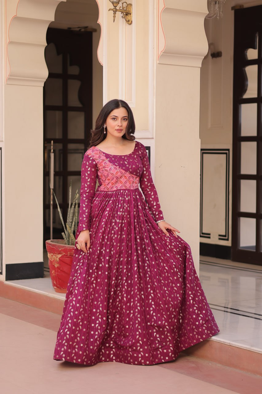 Women's Festive Berry Purple Printed Anarkali Gown with Intricate Zari Work & Embellished Yoke – Perfect for Traditional & Celebration Wear - Image 3