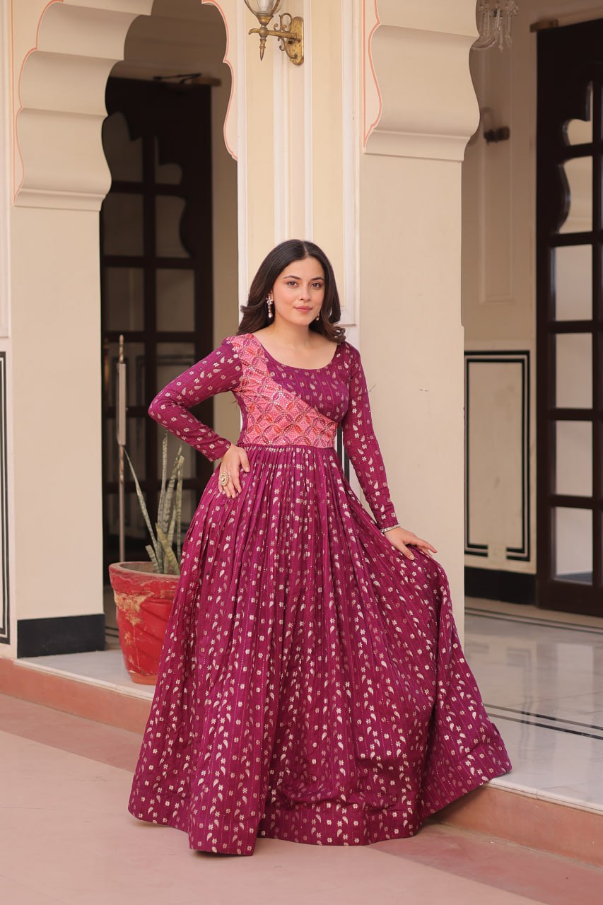 Women's Festive Berry Purple Printed Anarkali Gown with Intricate Zari Work & Embellished Yoke – Perfect for Traditional & Celebration Wear - Image 2