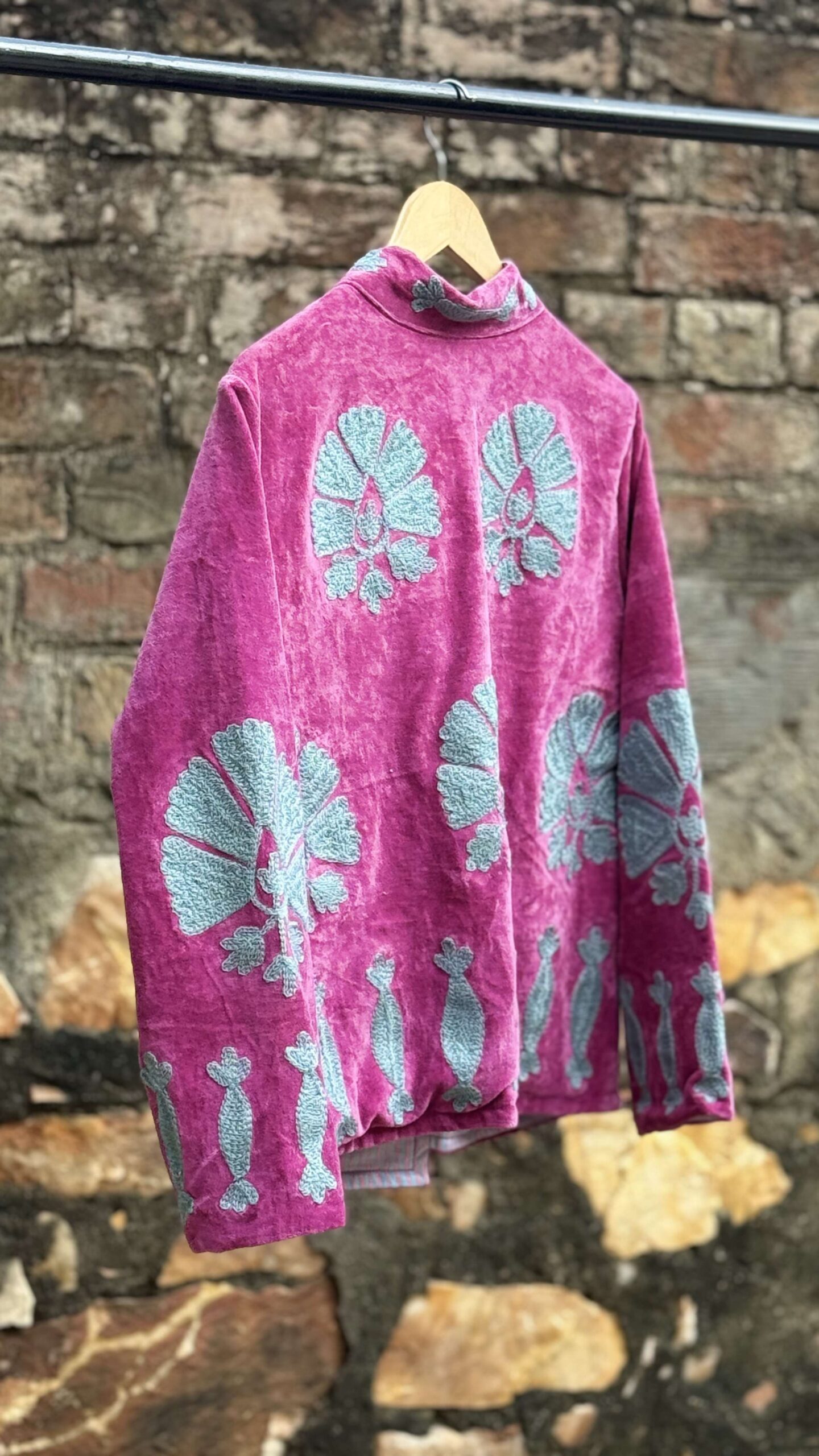 Womens Pink Velvet Embroidered Jacket with Floral Design