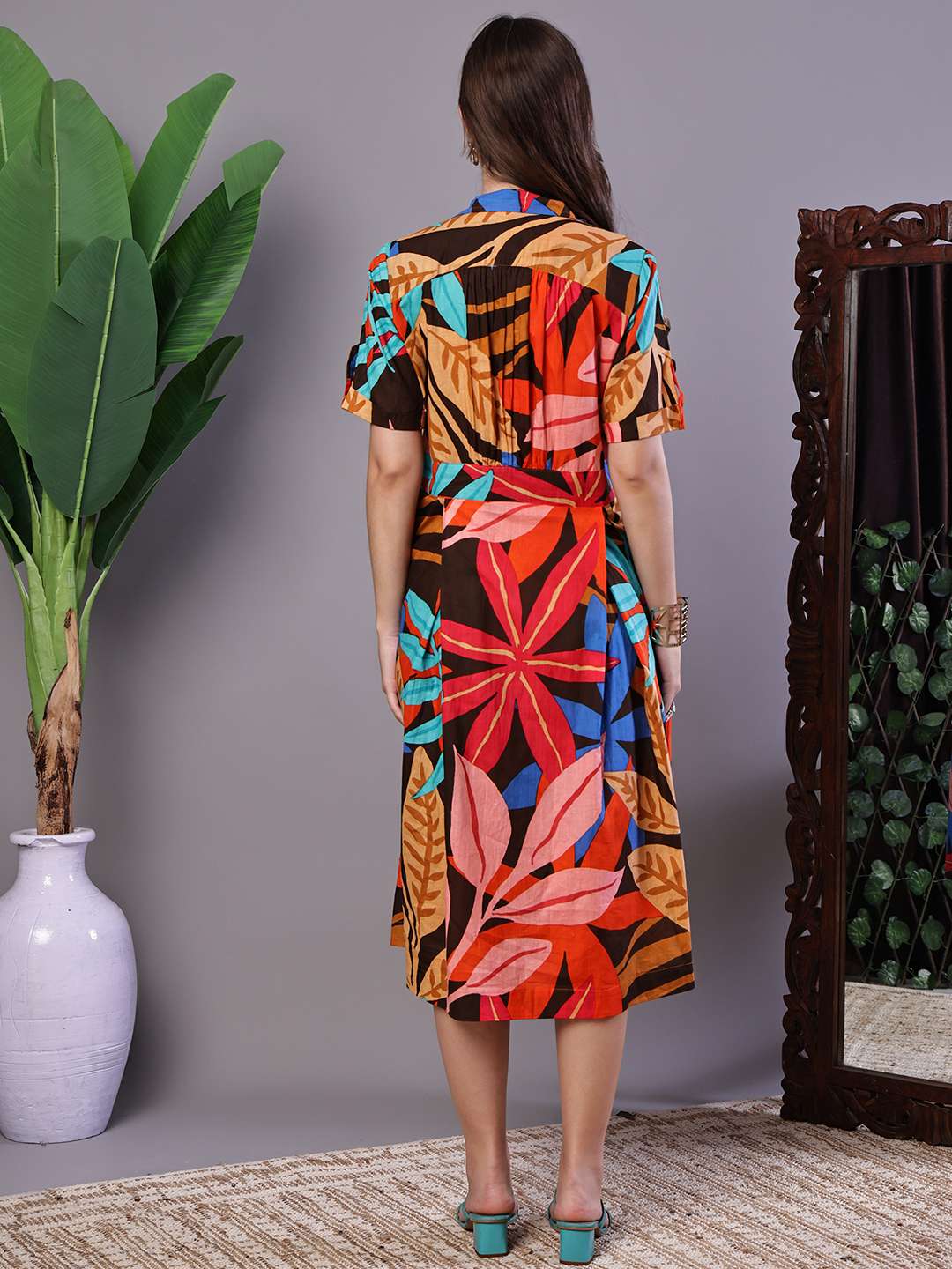 Women's Leaf Print Button-Down Cotton Midi Dress - Image 2