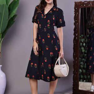 Women's Elegant Indigo & Orange Floral Block Print Cotton Shirt Dress