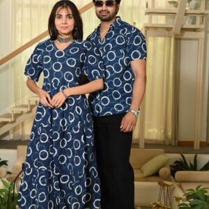 Couple Matching Navy Blue Circular Print Cotton Anarkali Midi Dress and Shirt Set