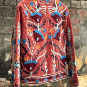 Womens Terracotta Velvet Embroidered Jacket with Floral Design